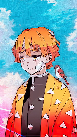 Zenitsu Agatsuma from Demon Slayer in a yellow haori with a sparrow perched on his shoulder against a blue sky HD phone wallpaper