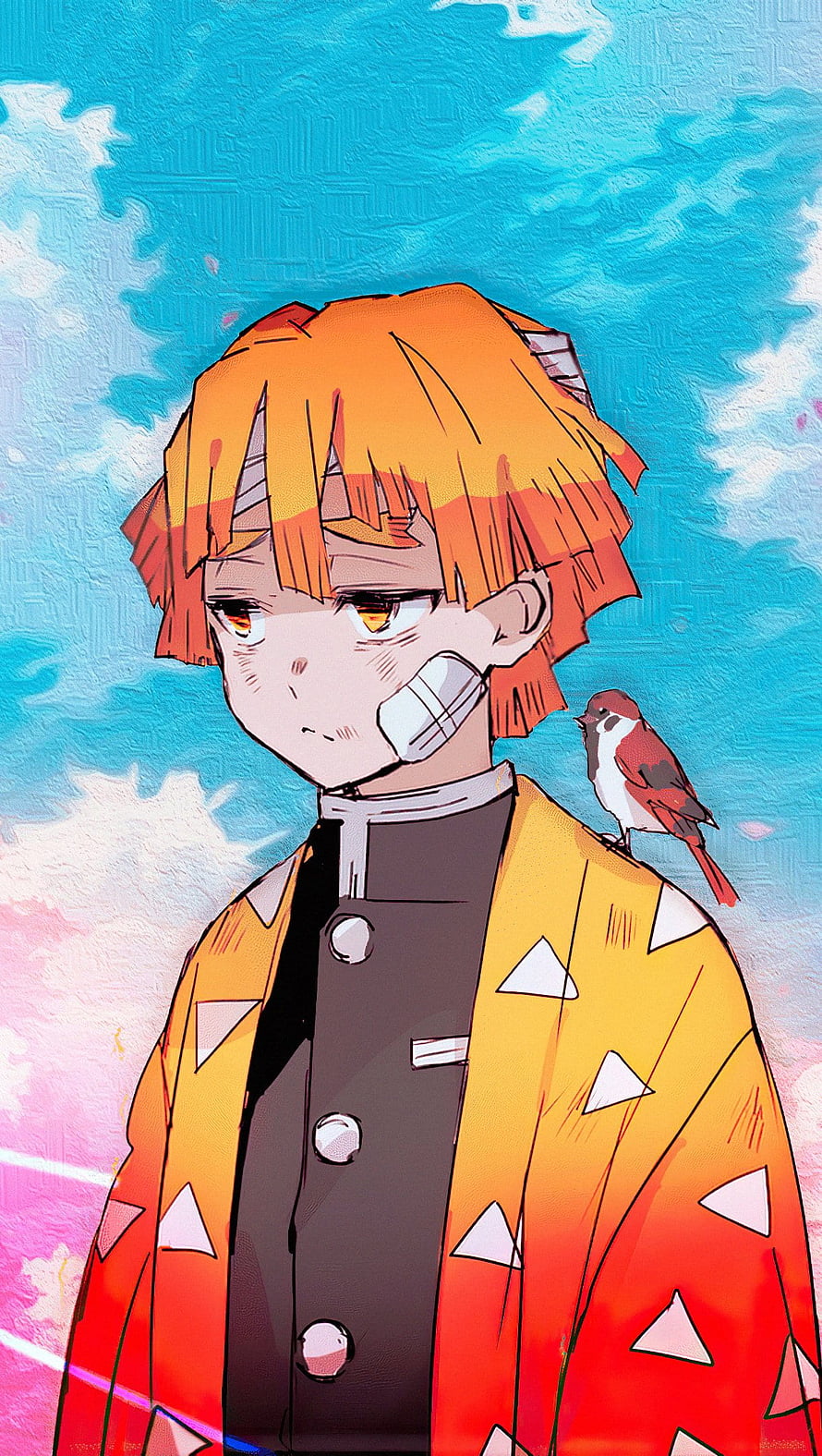 Zenitsu Agatsuma from Demon Slayer in a yellow haori with a sparrow perched on his shoulder against a blue sky HD phone wallpaper