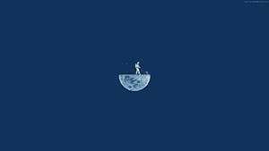 Minimalist Astronaut Standing on Half Moon Against Deep Blue Space Background HD wallpaper