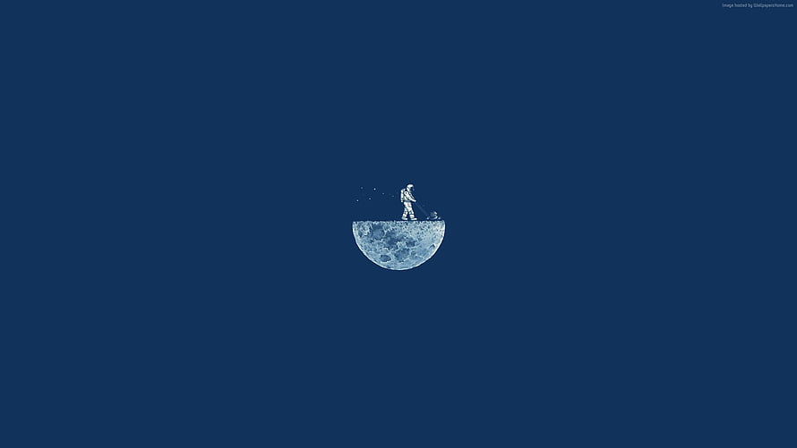 Minimalist Astronaut Standing on Half Moon Against Deep Blue Space Background HD wallpaper