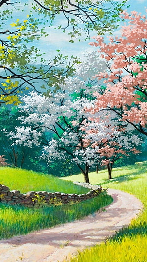 Painted Spring Landscape with Cherry Blossoms and Winding Country Path HD phone wallpaper