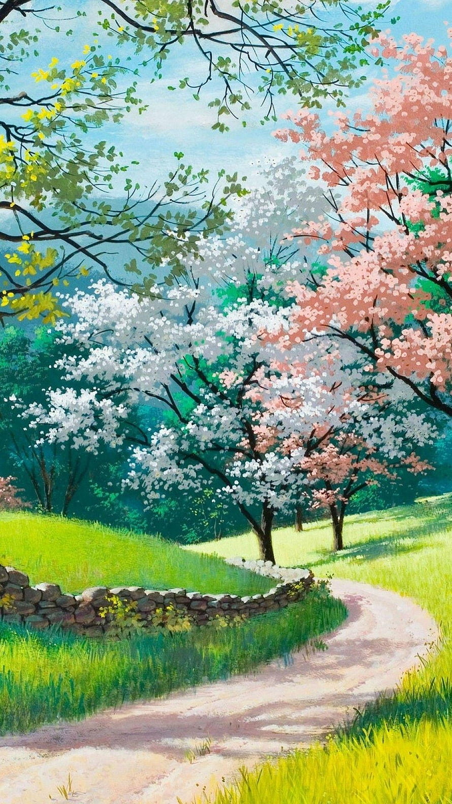 Painted Spring Landscape with Cherry Blossoms and Winding Country Path HD phone wallpaper