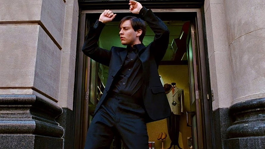 Tobey Maguire as Peter Parker in a dramatic black suit pose from Spider-Man HD wallpaper