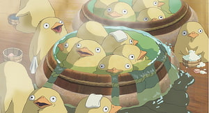 Spirited Away Duck Bath Scene with Yellow Birds in Wooden Tubs HD wallpaper
