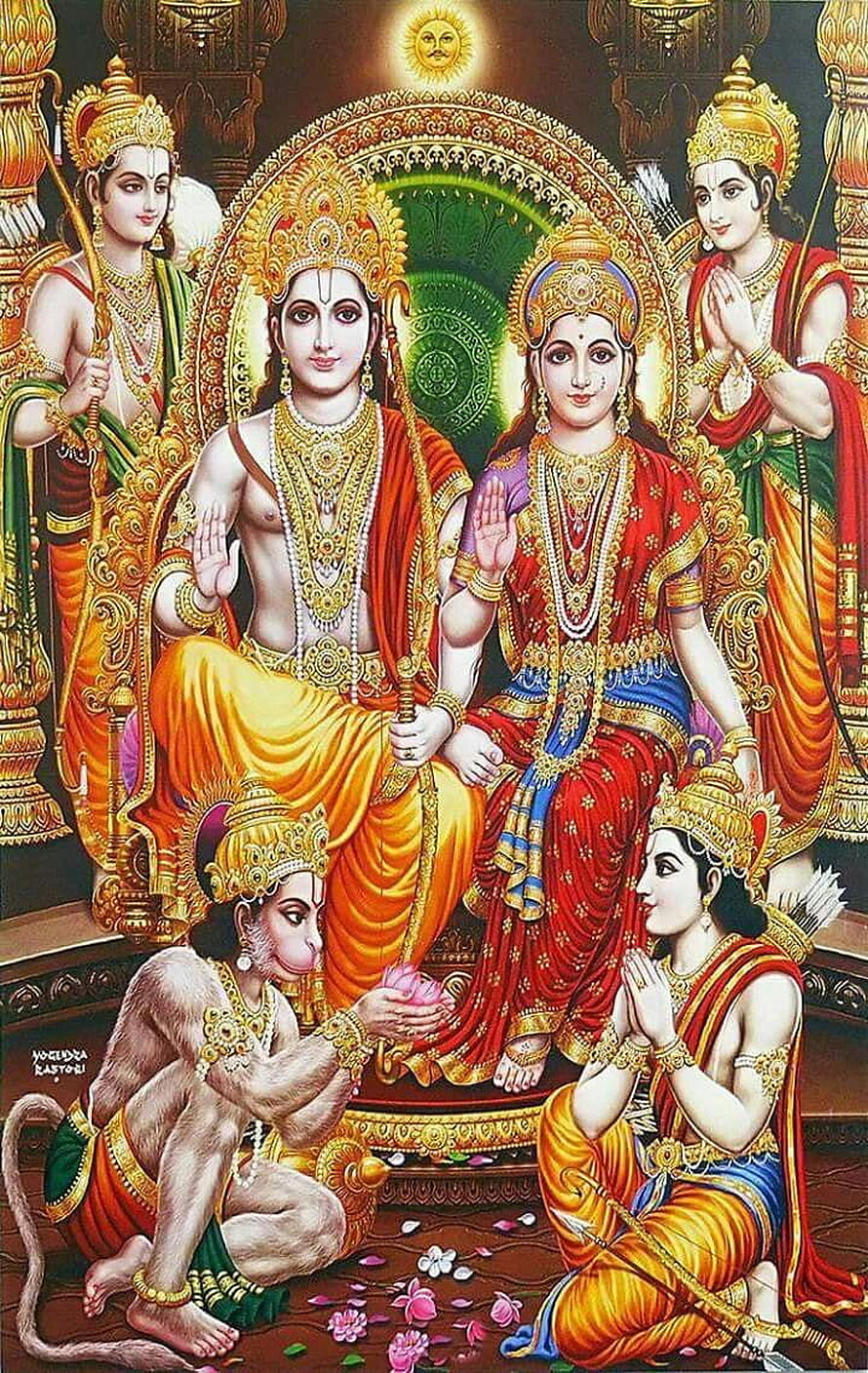 Ram Sita Hanuman and Lakshman Devotional Painting with Sun Symbol HD phone wallpaper