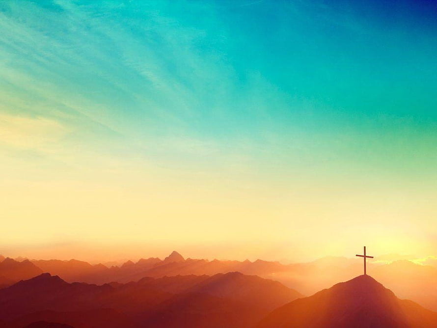 Lone Cross Silhouette on Mountain Peak Against Vibrant Sunrise Sky HD wallpaper