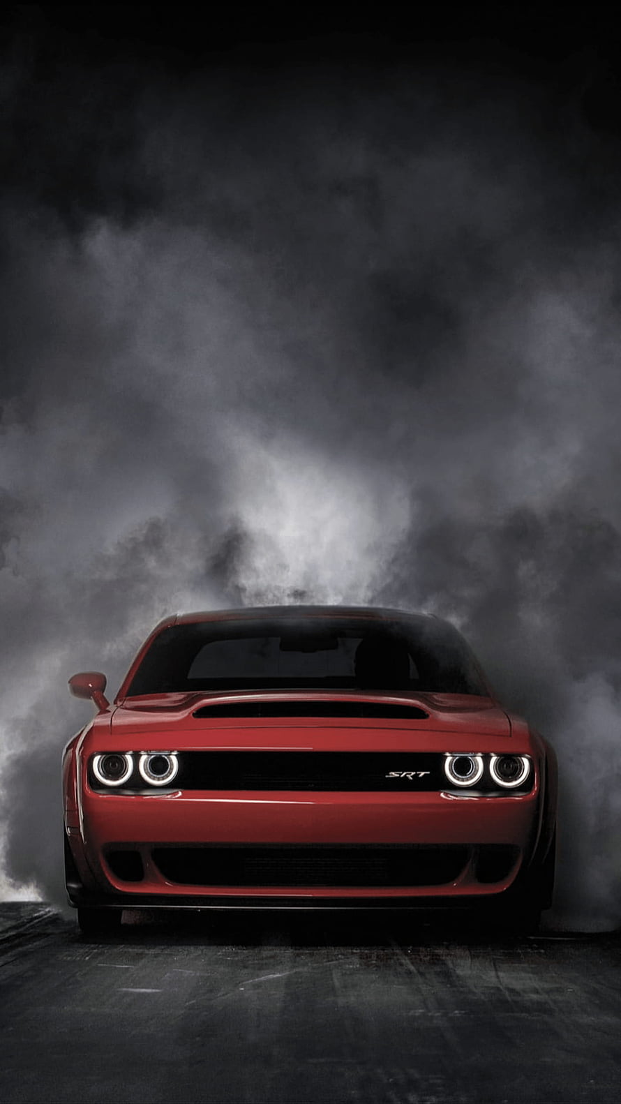 Red Dodge Challenger SRT Front View in Dramatic Smoke HD phone wallpaper
