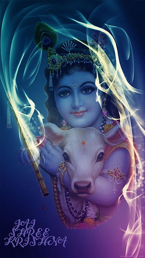 Baby Krishna with calf and flute in ornate digital art with glowing blue and purple aura HD phone wallpaper