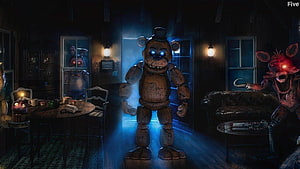 Five Nights at Freddy's animatronics in a dimly lit haunted house interior HD wallpaper