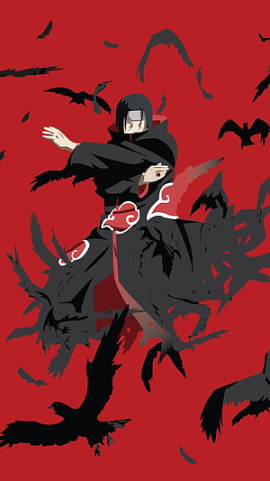 Itachi Uchiha in Akatsuki Robe Surrounded by Crows on Red Background HD phone wallpaper