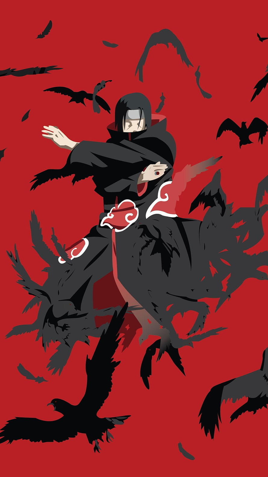 Itachi Uchiha in Akatsuki Robe Surrounded by Crows on Red Background HD phone wallpaper