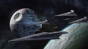 Star Wars Death Star and Imperial Star Destroyers in Orbit Above a Planet HD wallpaper