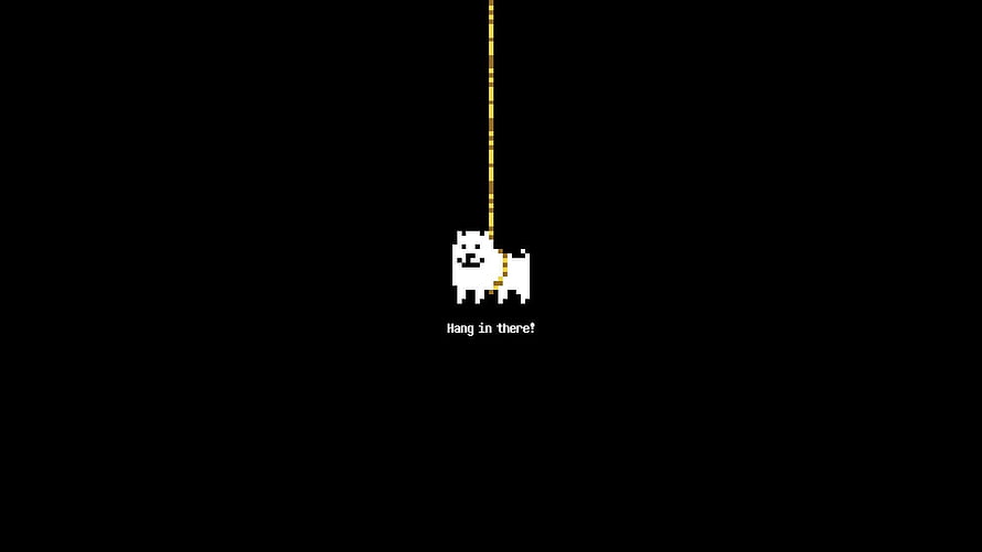 Undertale Pixel Art Dog Hanging on a Rope Against a Black Background HD wallpaper
