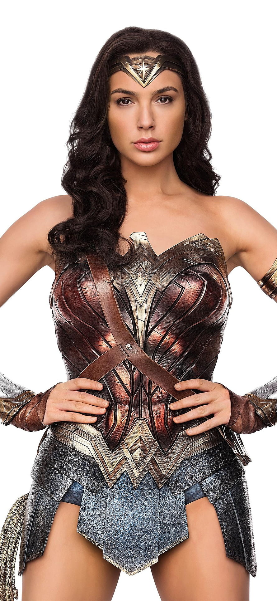 Gal Gadot as Wonder Woman in detailed bronze armor with star tiara and leather straps HD phone wallpaper