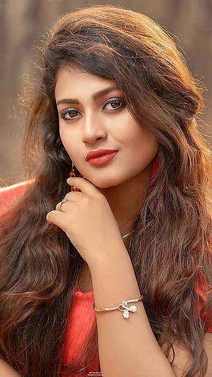 Portrait of a young woman with long wavy hair wearing a red top and delicate jewelry, Top 100 Hottest Desi Girls of Pakistani Indian Girls, cute indian girl HD phone wallpaper