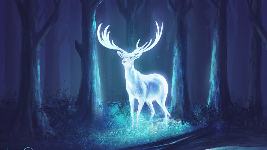 Glowing White Stag in Mystical Blue Forest Fantasy Digital Art HD wallpaper