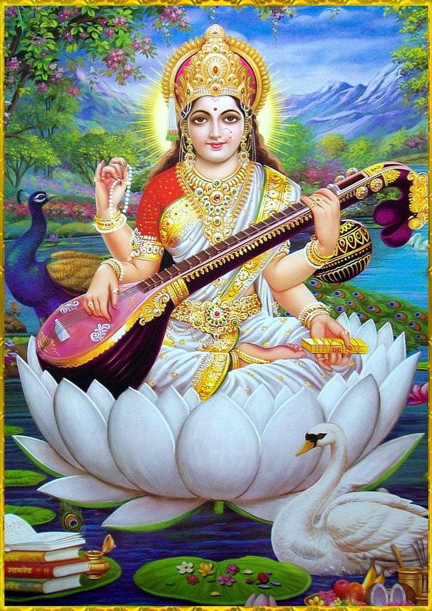 Saraswati Maa Playing Veena on Lotus with Peacock and Swan in Sacred Landscape HD phone wallpaper