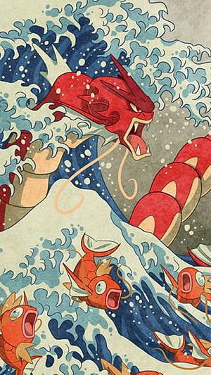 Gyarados and Magikarp in a Japanese Ukiyo-e Wave Style Illustration HD phone wallpaper