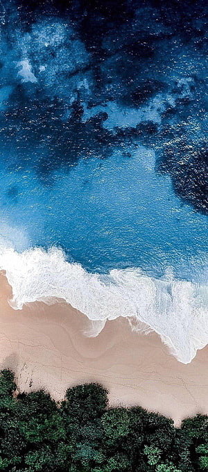 Aerial View of Turquoise Ocean Waves Crashing on Sandy Beach with Lush Green Foliage HD phone wallpaper