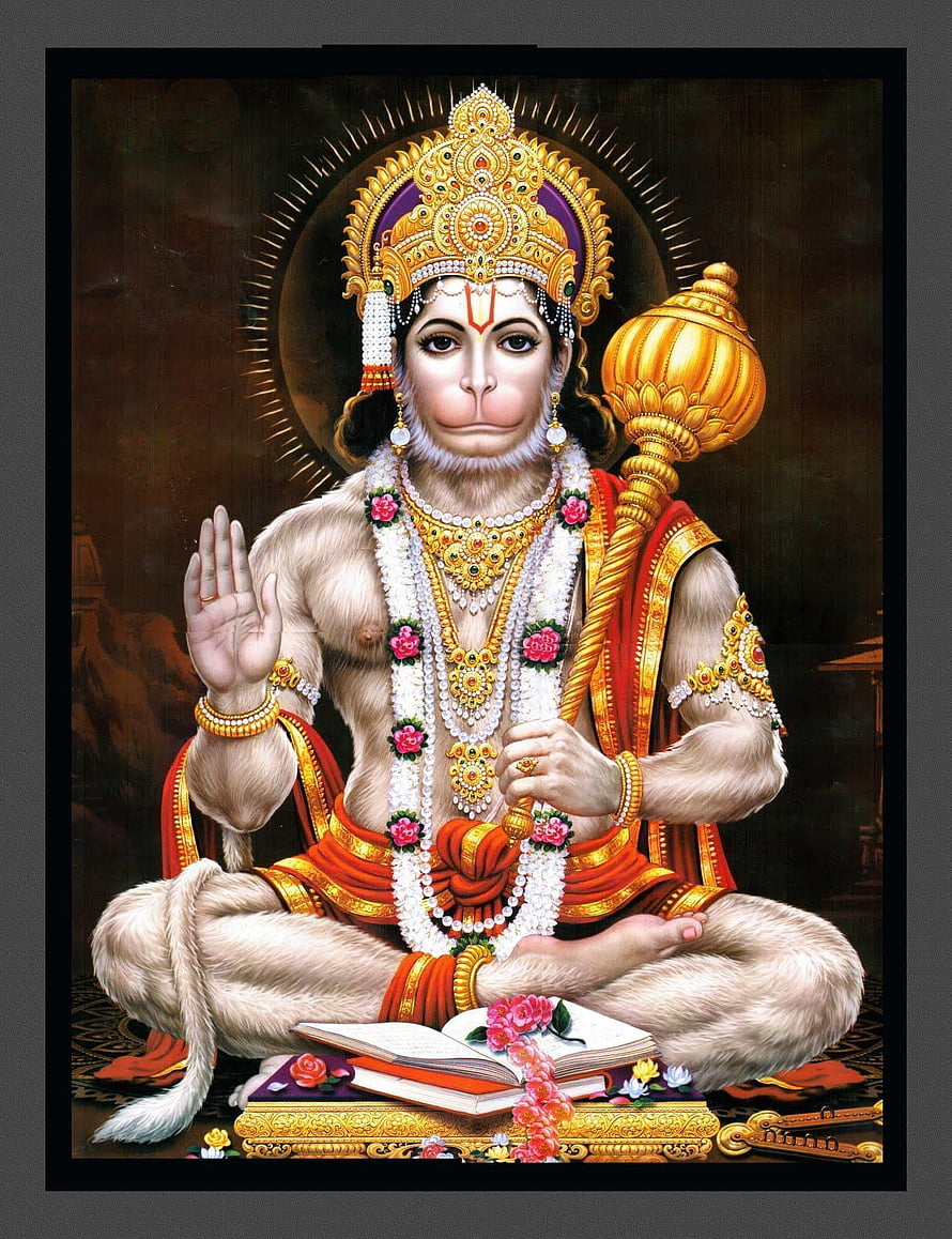 Hanuman Deity Portrait with Gada Mace and Sacred Text in Traditional Indian Art HD phone wallpaper