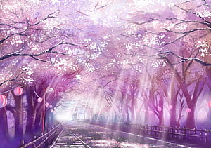 Dreamy Anime Cherry Blossom Tunnel with Train Tracks and Floating Lanterns HD wallpaper