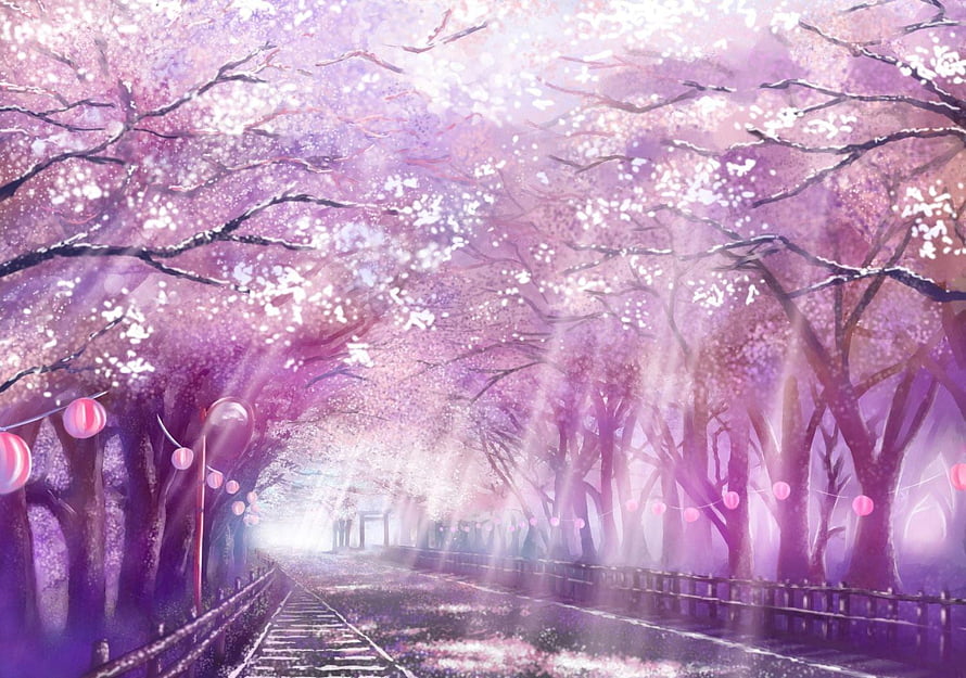 Dreamy Anime Cherry Blossom Tunnel with Train Tracks and Floating Lanterns HD wallpaper