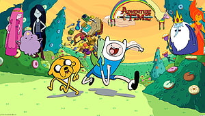 Adventure Time Finn and Jake Running Through Candy Kingdom Landscape HD wallpaper