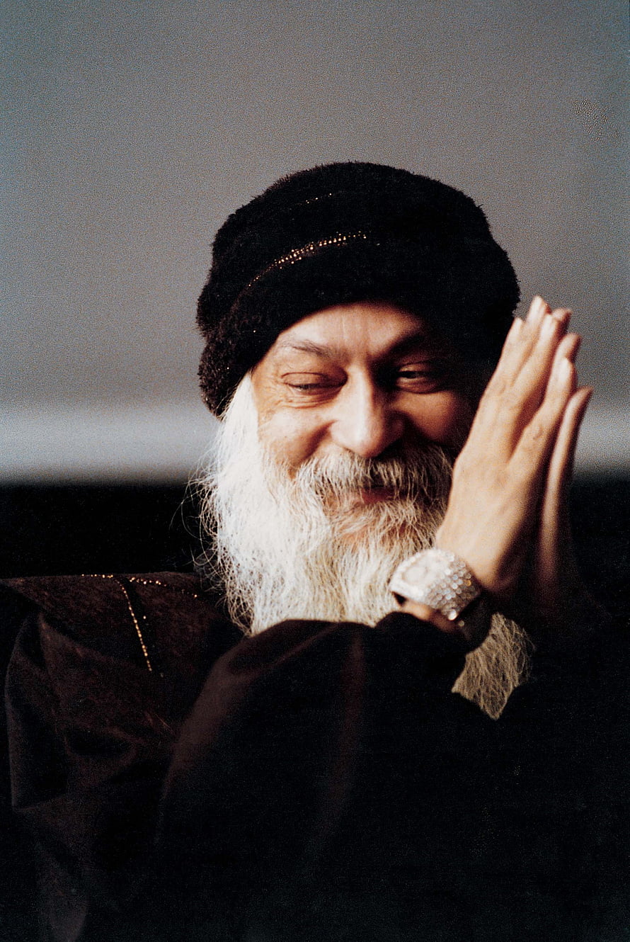 Osho Portrait with White Beard and Black Turban in Prayer Pose HD phone wallpaper