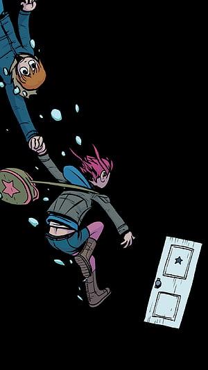 Scott Pilgrim and Ramona Falling Through a Door in Stylized Comic Art HD phone wallpaper