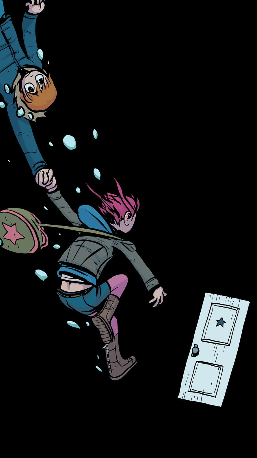 Scott Pilgrim and Ramona Falling Through a Door in Stylized Comic Art HD phone wallpaper