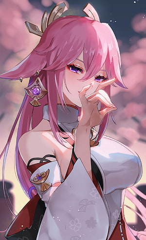 Yae Miko Anime Character in White Kimono with Pink Hair and Cherry Blossoms HD phone wallpaper