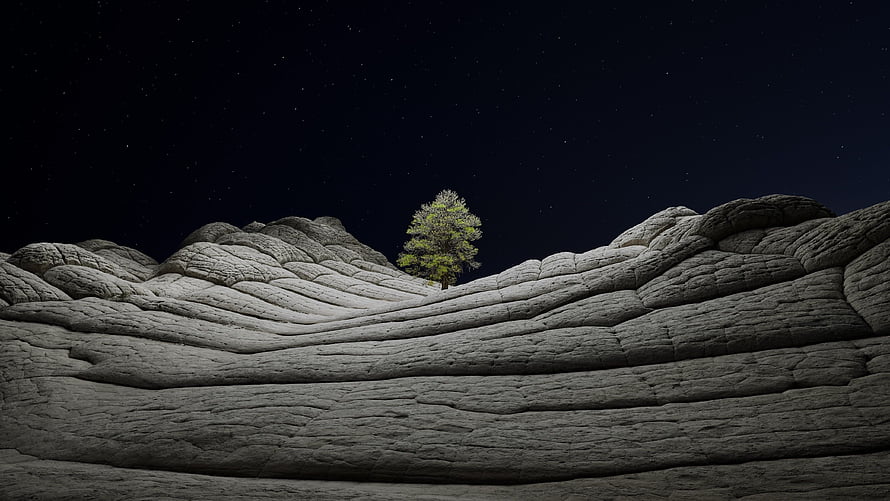 Lone Tree on Sedimentary Rock Formation Under a Starry Night Sky HD wallpaper