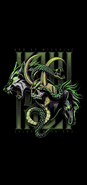 Loki God of Mischief Vector Art with Wolf, Horse, and Serpent on Black Background HD phone wallpaper