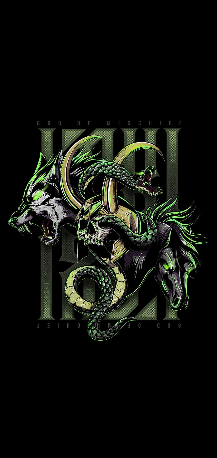 Loki God of Mischief Vector Art with Wolf, Horse, and Serpent on Black Background HD phone wallpaper