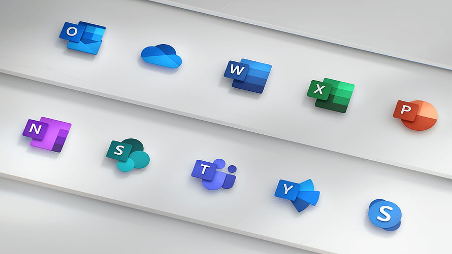 Microsoft 365 Application Icons Arranged on Minimalist White Shelves HD wallpaper