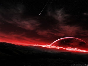 Crimson Blood Moon Rising Over Dark Mountain Landscape with Meteor Streak HD wallpaper