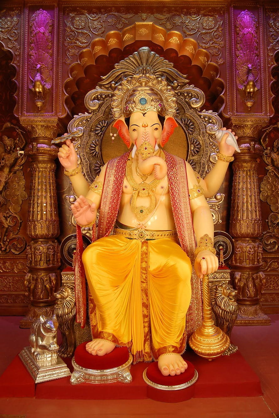 Ornate Ganesha Murti Seated on Golden Throne with Mouse Companion HD phone wallpaper