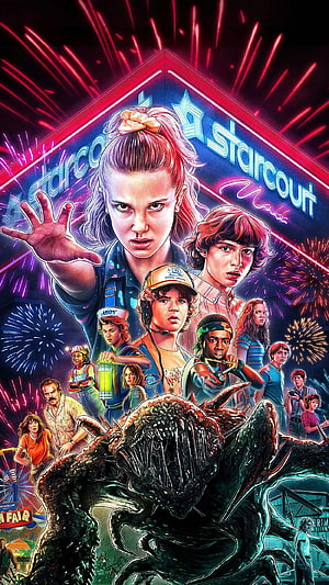 Stranger Things Season 3 Starcourt Mall Poster with Demogorgon and Main Cast HD phone wallpaper