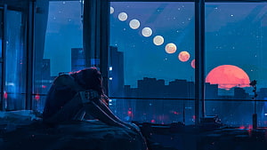 Melancholic Girl Watching Moon Phases Over a Neon City Skyline at Night HD wallpaper
