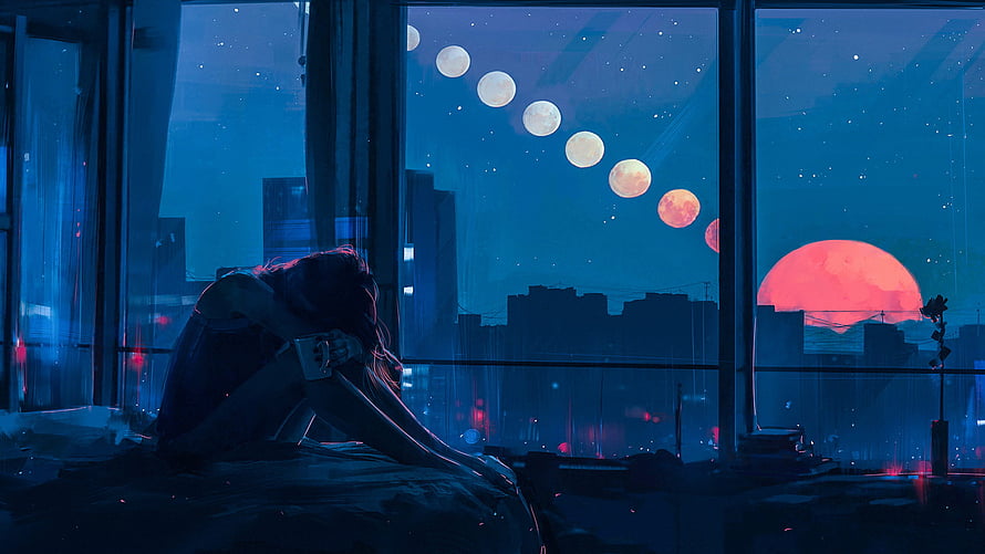 Melancholic Girl Watching Moon Phases Over a Neon City Skyline at Night HD wallpaper