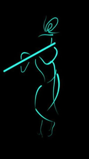 Lord Krishna Playing Flute Minimalist Neon Line Art on Black Background HD phone wallpaper