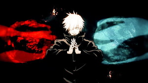 Gojo Satoru Domain Expansion with Red and Blue Energy Vortexes in Dark Anime Style HD wallpaper
