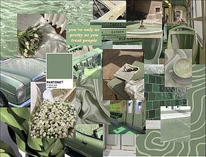 Sage Green Aesthetic Mood Board Featuring Vintage Cars, Flowers, and Interior Design Elements HD wallpaper