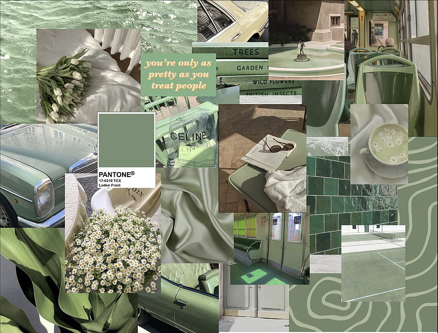 Sage Green Aesthetic Mood Board Featuring Vintage Cars, Flowers, and Interior Design Elements HD wallpaper