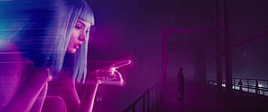 Blade Runner 2049 Neon Noir Scene with Glowing Finger and Distant Figure HD wallpaper