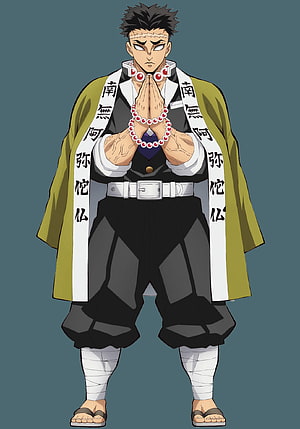 Gyomei Himejima from Demon Slayer in Prayer Pose with Beads and Yellow Cloak HD phone wallpaper
