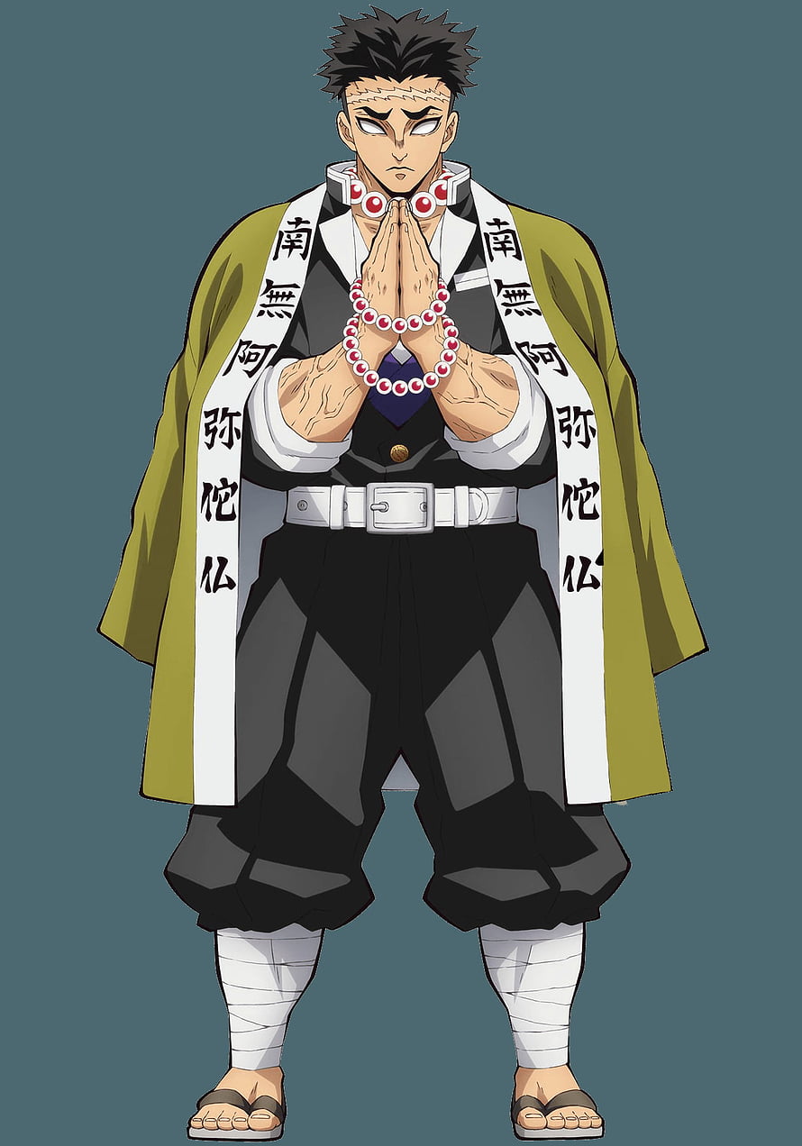 Gyomei Himejima from Demon Slayer in Prayer Pose with Beads and Yellow Cloak HD phone wallpaper