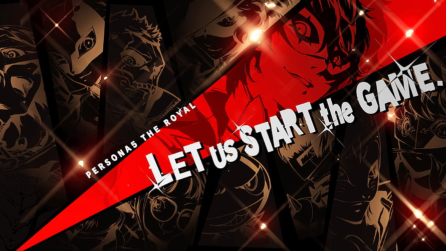 Persona 5 Royal Anime Character Collage with Red Diagonal Banner and Dramatic Lighting HD wallpaper