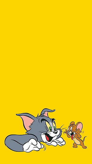 Tom and Jerry Cartoon Characters Playing Together on Bright Yellow Background HD phone wallpaper