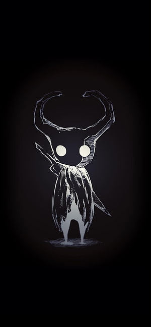 Hollow Knight Character Standing in Dark Void with Glowing Eyes and Antennae HD phone wallpaper